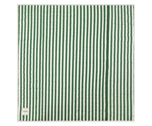 Vista beach mat laid out flat, showing the green and white stripe and cream bound edge